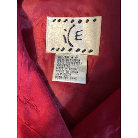 Ice 4 Red Silk Beaded Floral Button Down Front Lined Collar 3/4 Sleeve Blouse - Picture 6 of 6